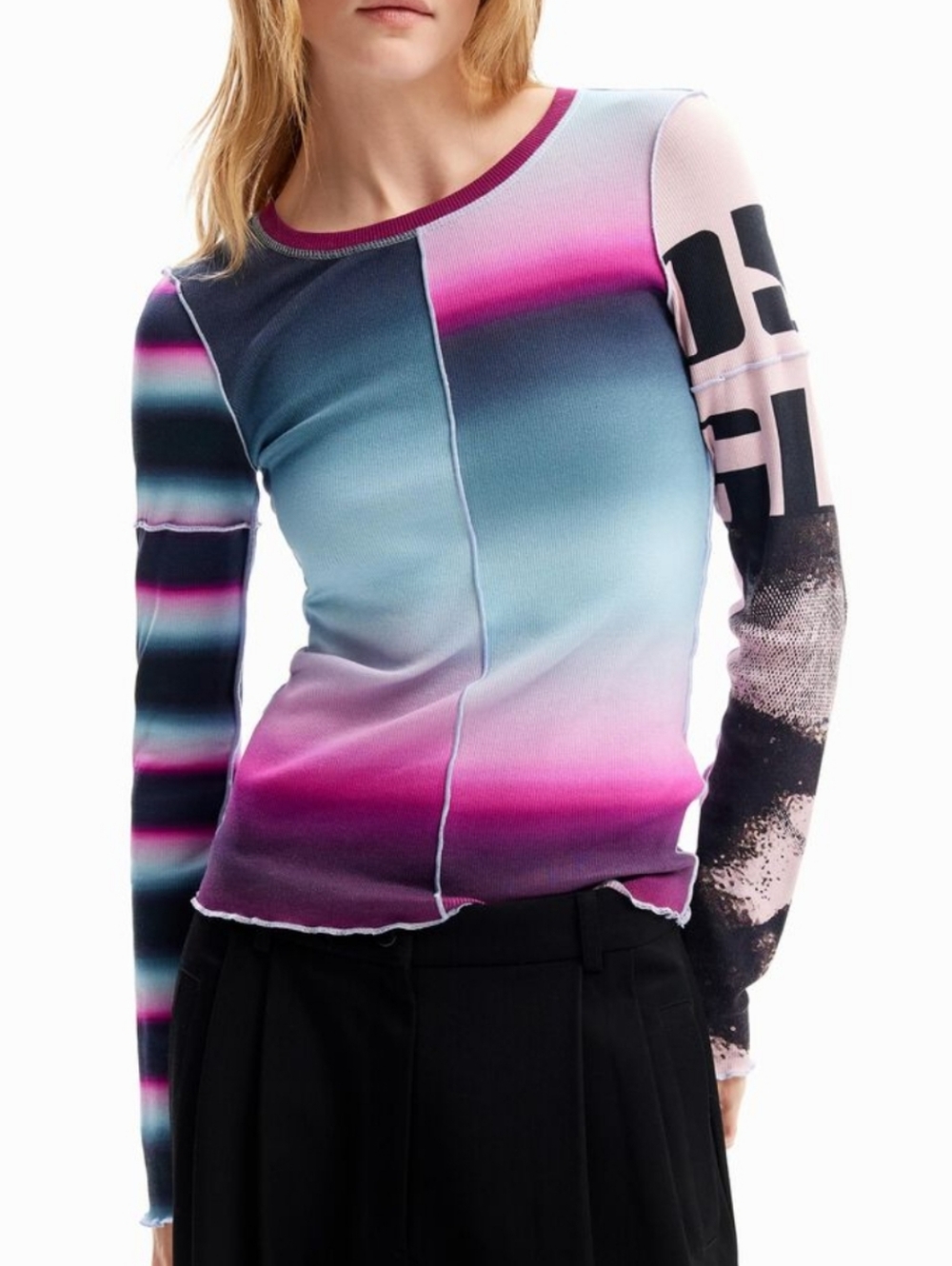 Desigual Ombre Patchwork Long Sleeve Top in Pink, Blue, Black
